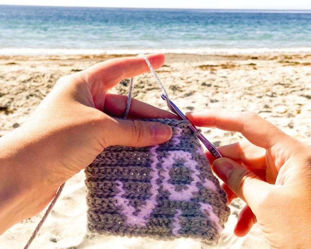 About Jo - crocheting on the beach