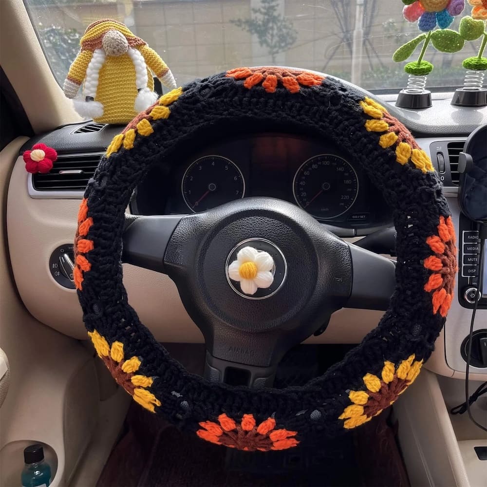 Granny Square Sunflower Steering Wheel Cover Crochet Pattern